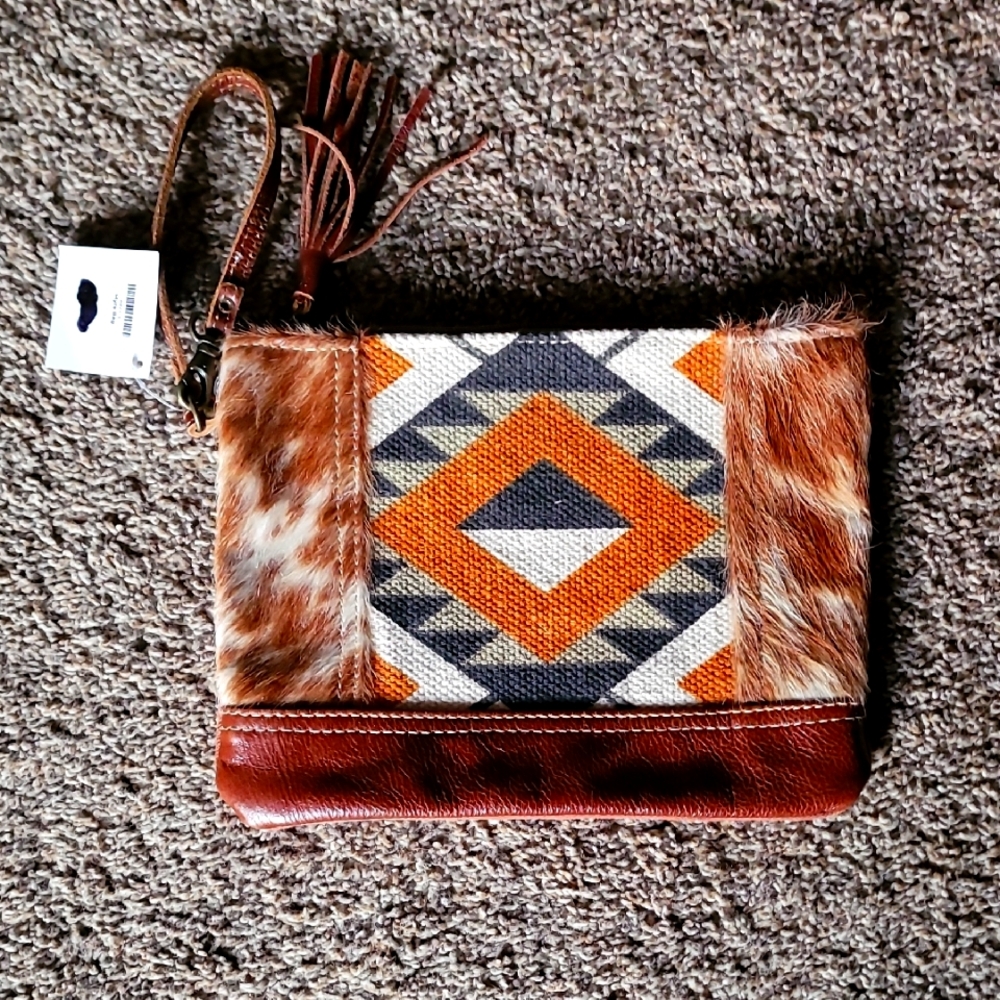 Geometric Pattern Clutch with Leather Accents